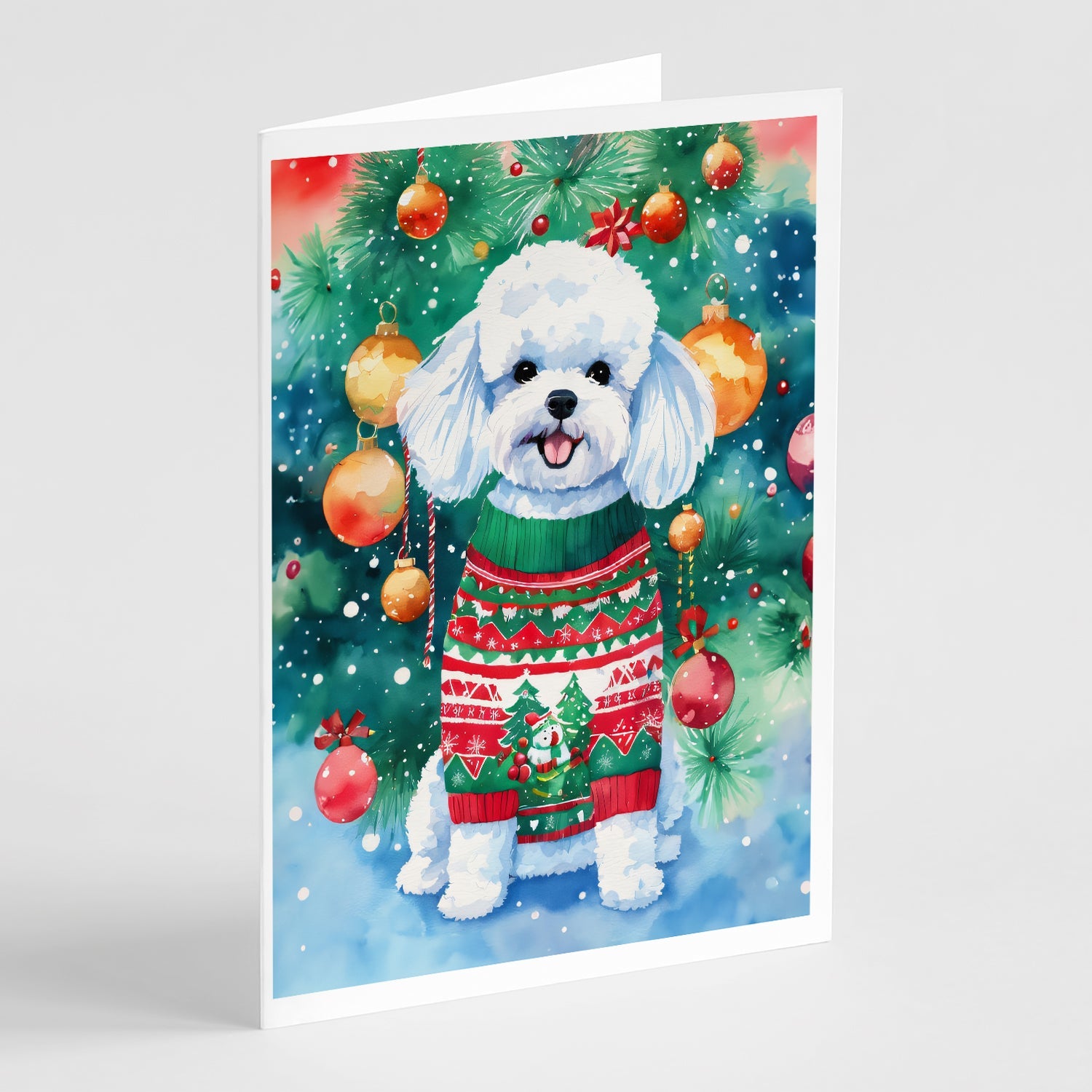 Bichon Frise Christmas Greeting Cards Pack of 8 Blank Cards with Envelopes Whimsical A7 Size 5x7