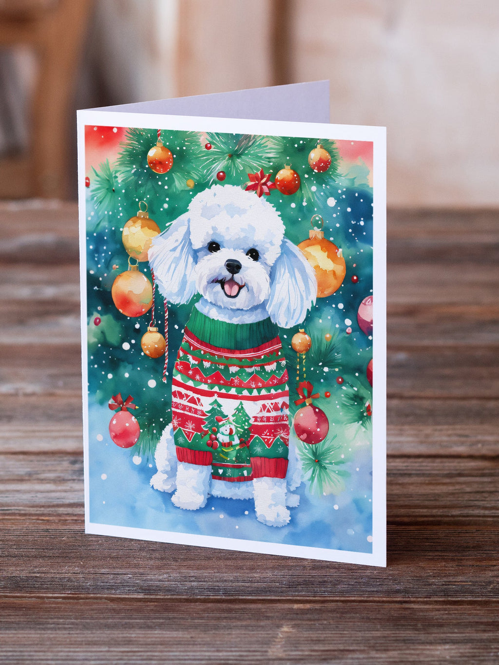 Bichon Frise Christmas Greeting Cards Pack of 8 Blank Cards with Envelopes Whimsical A7 Size 5x7