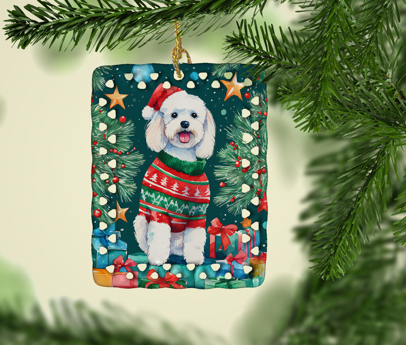 Bichon Frise Christmas Porcelain Ornament Christmas Tree Hanging Decorations for Home Christmas Holiday, Rectangle, Gift, Multicolor
