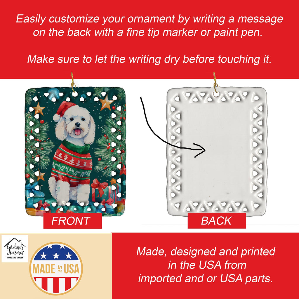Bichon Frise Christmas Porcelain Ornament Christmas Tree Hanging Decorations for Home Christmas Holiday, Rectangle, Gift, Multicolor