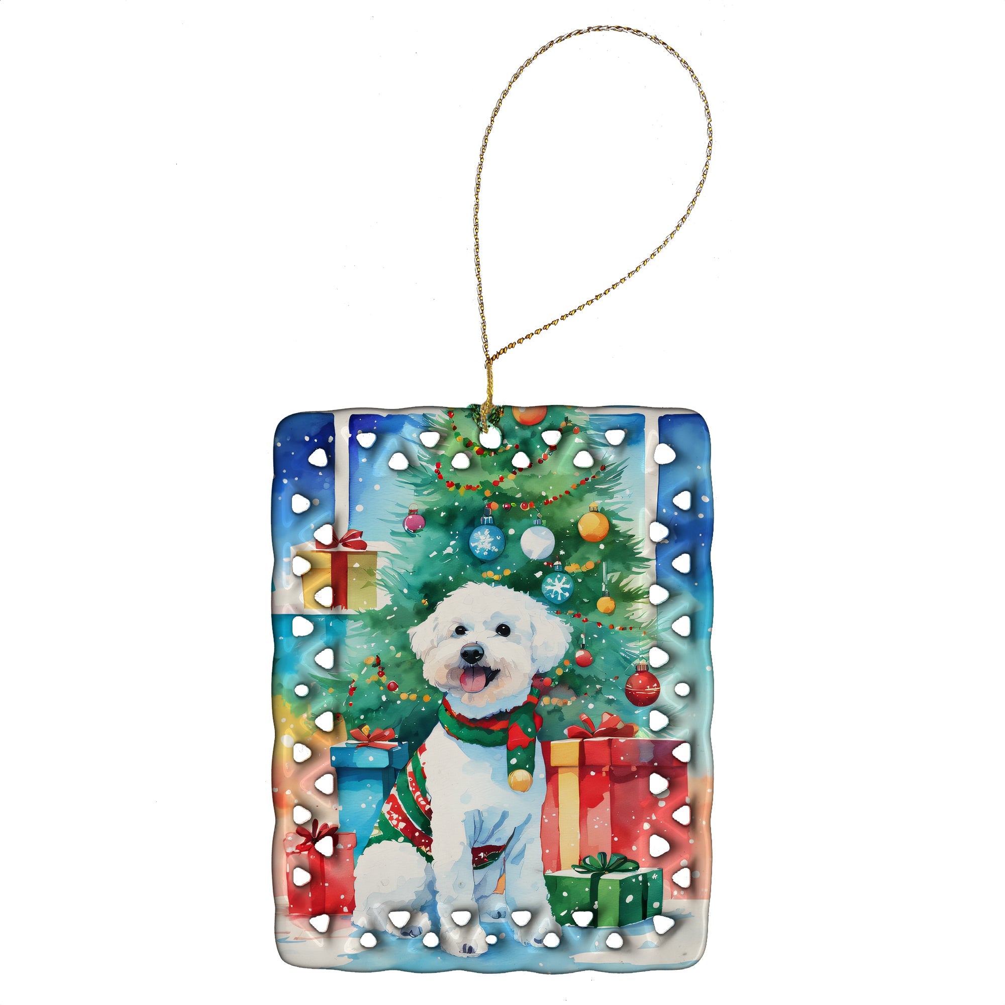 Bichon Frise Christmas Porcelain Ornament Christmas Tree Hanging Decorations for Home Christmas Holiday, Rectangle, Gift, Multicolor