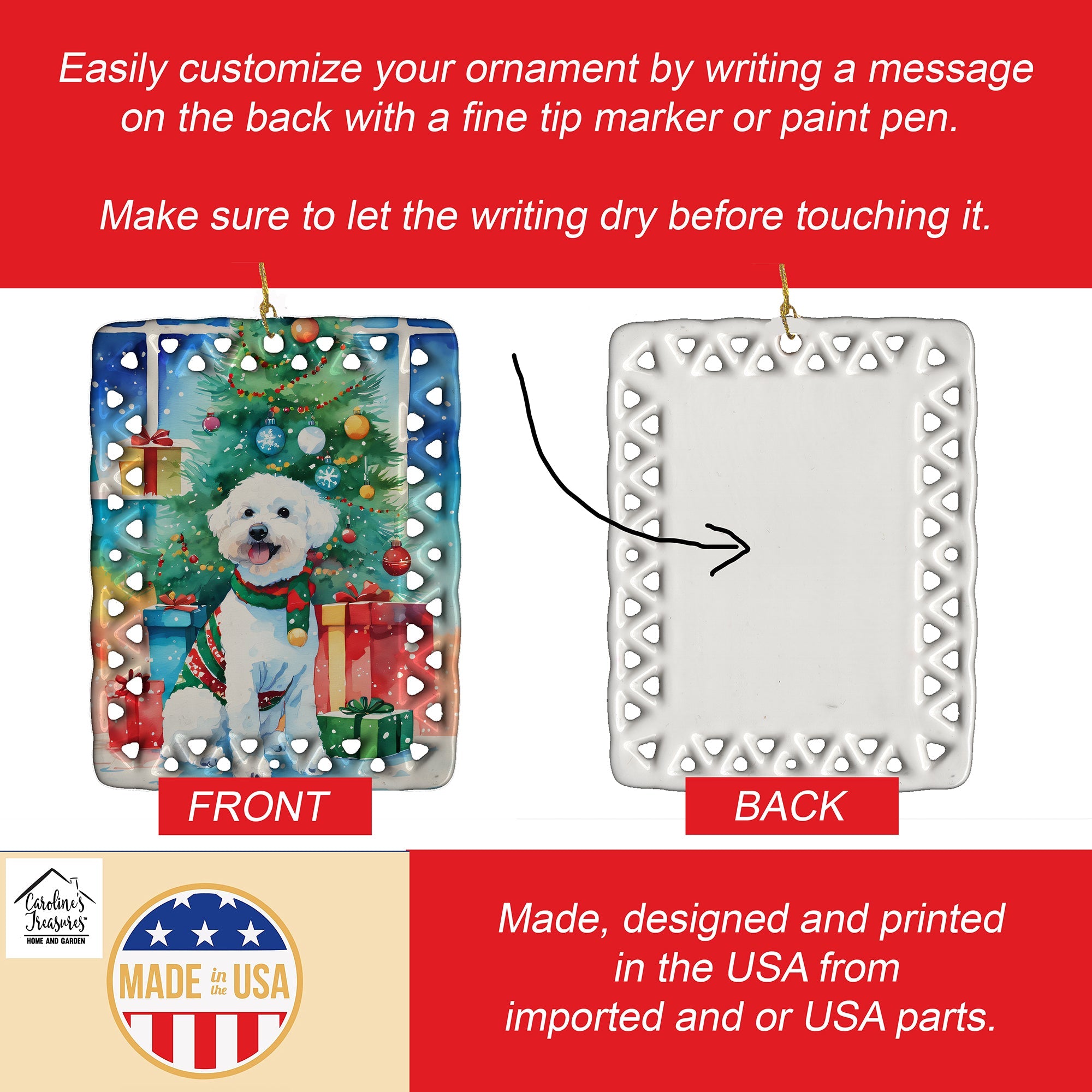 Bichon Frise Christmas Porcelain Ornament Christmas Tree Hanging Decorations for Home Christmas Holiday, Rectangle, Gift, Multicolor