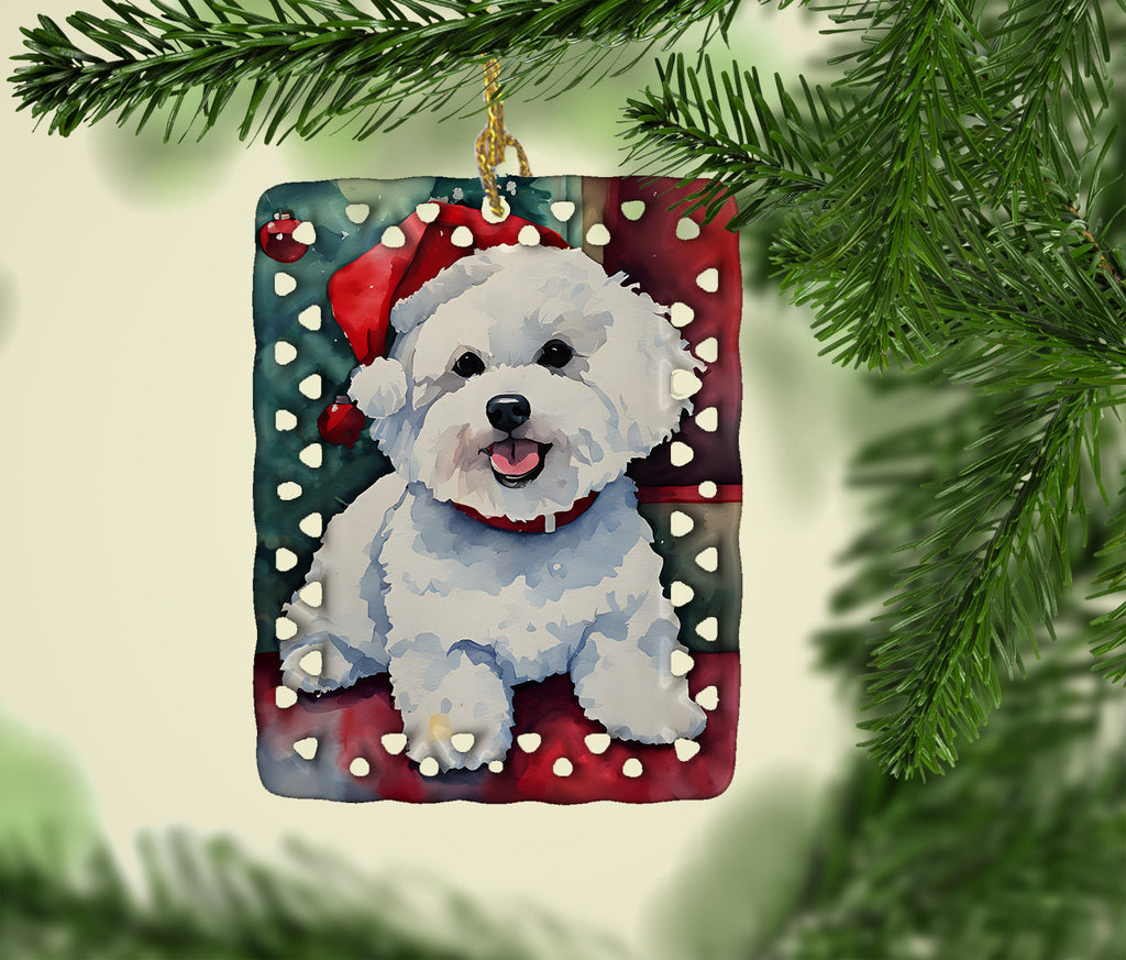 Bichon Frise Christmas Porcelain Ornament Christmas Tree Hanging Decorations for Home Christmas Holiday, Rectangle, Gift, Multicolor