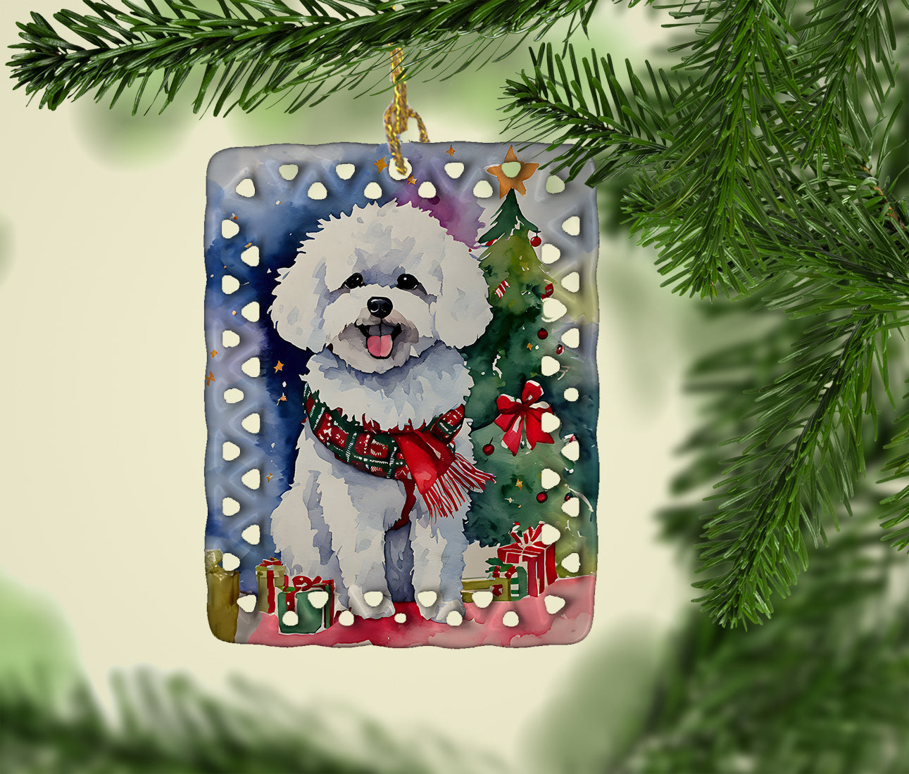 Bichon Frise Christmas Porcelain Ornament Christmas Tree Hanging Decorations for Home Christmas Holiday, Rectangle, Gift, Multicolor