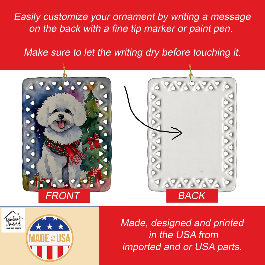 Bichon Frise Christmas Porcelain Ornament Christmas Tree Hanging Decorations for Home Christmas Holiday, Rectangle, Gift, Multicolor