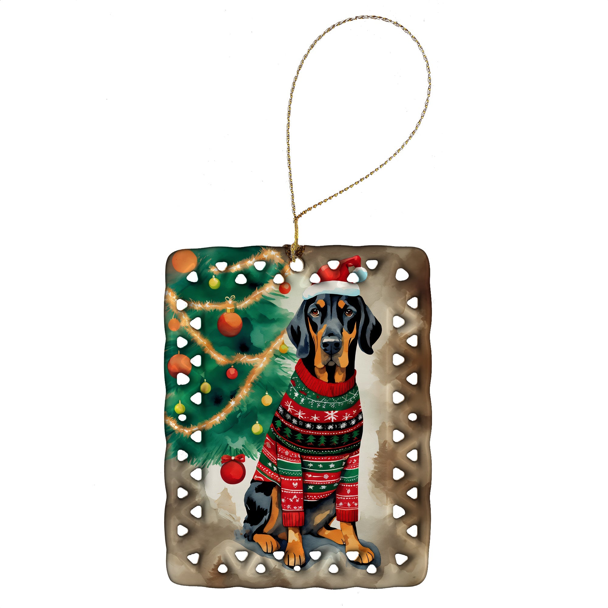 Black and Tan Coonhound Christmas Porcelain Ornament Christmas Tree Hanging Decorations for Home Christmas Holiday, Rectangle, Gift, Multicolor