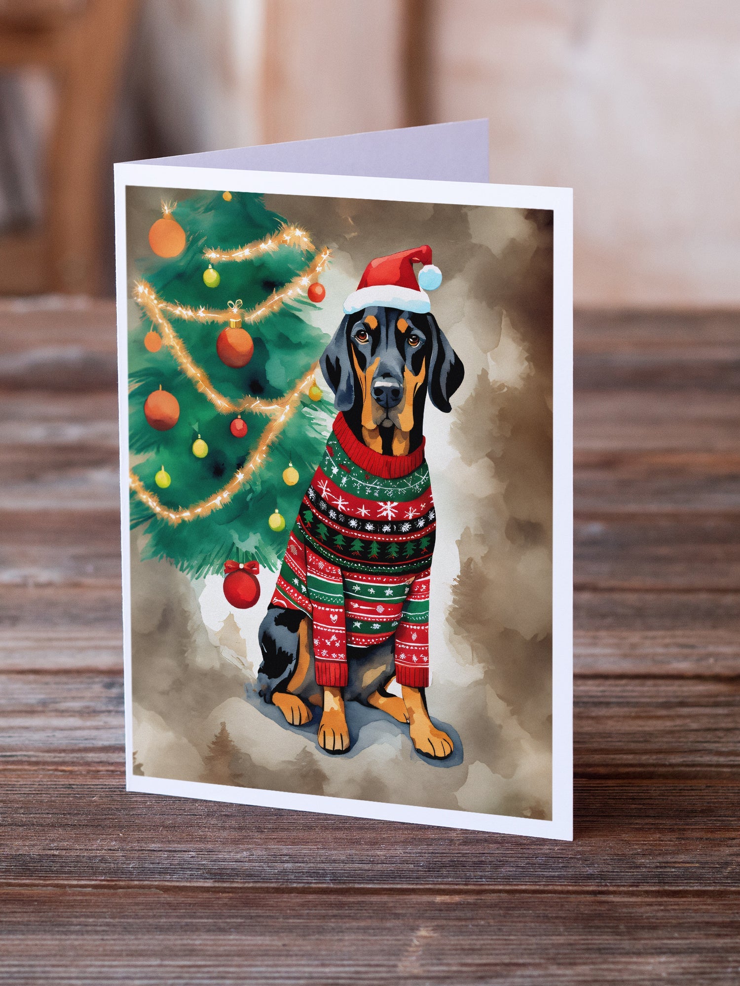 Black and Tan Coonhound Christmas Greeting Cards Pack of 8 Blank Cards with Envelopes Whimsical A7 Size 5x7
