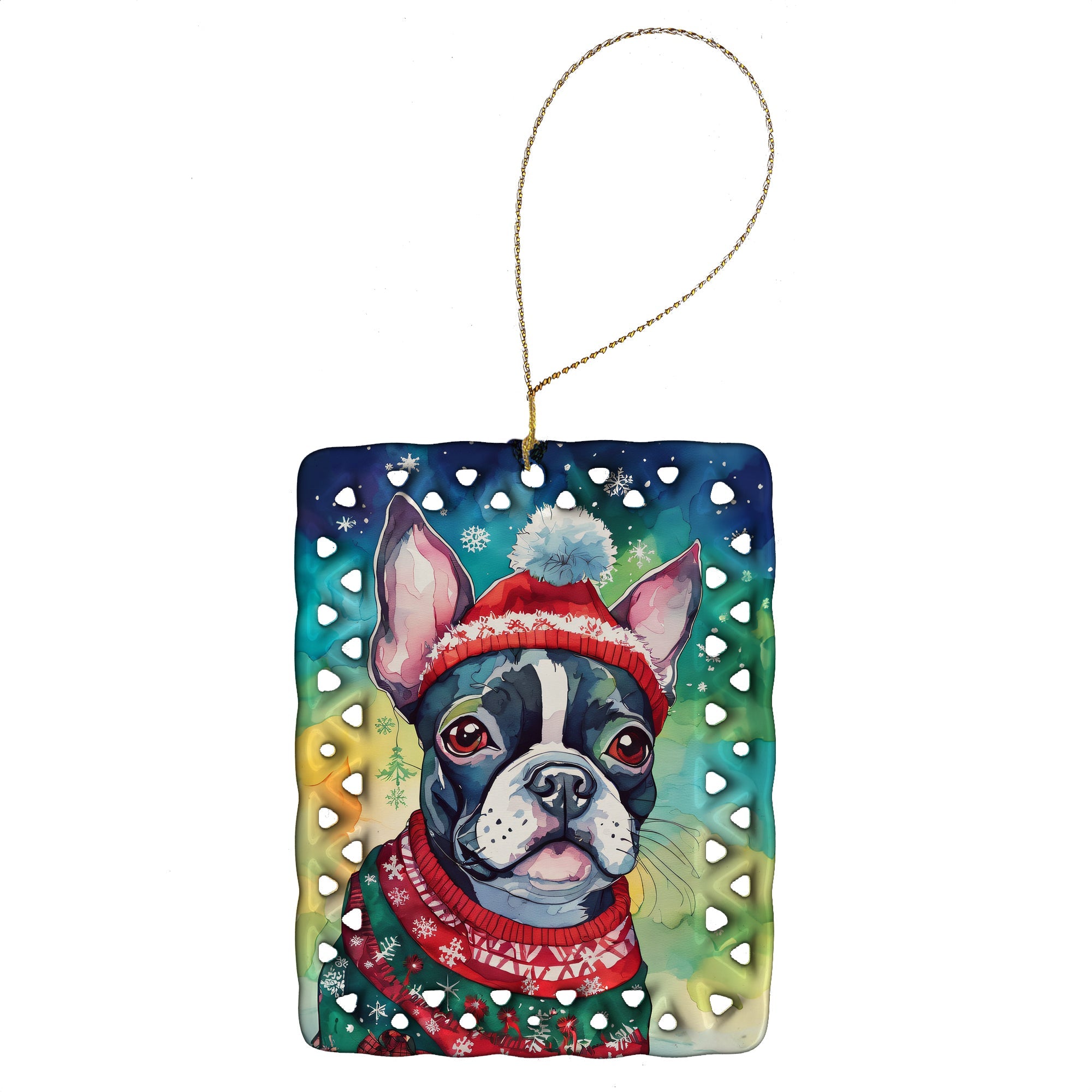 Boston Terrier Christmas Porcelain Ornament Christmas Tree Hanging Decorations for Home Christmas Holiday, Rectangle, Gift, Multicolor