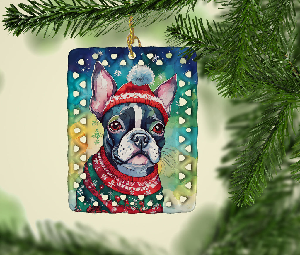 Boston Terrier Christmas Porcelain Ornament Christmas Tree Hanging Decorations for Home Christmas Holiday, Rectangle, Gift, Multicolor