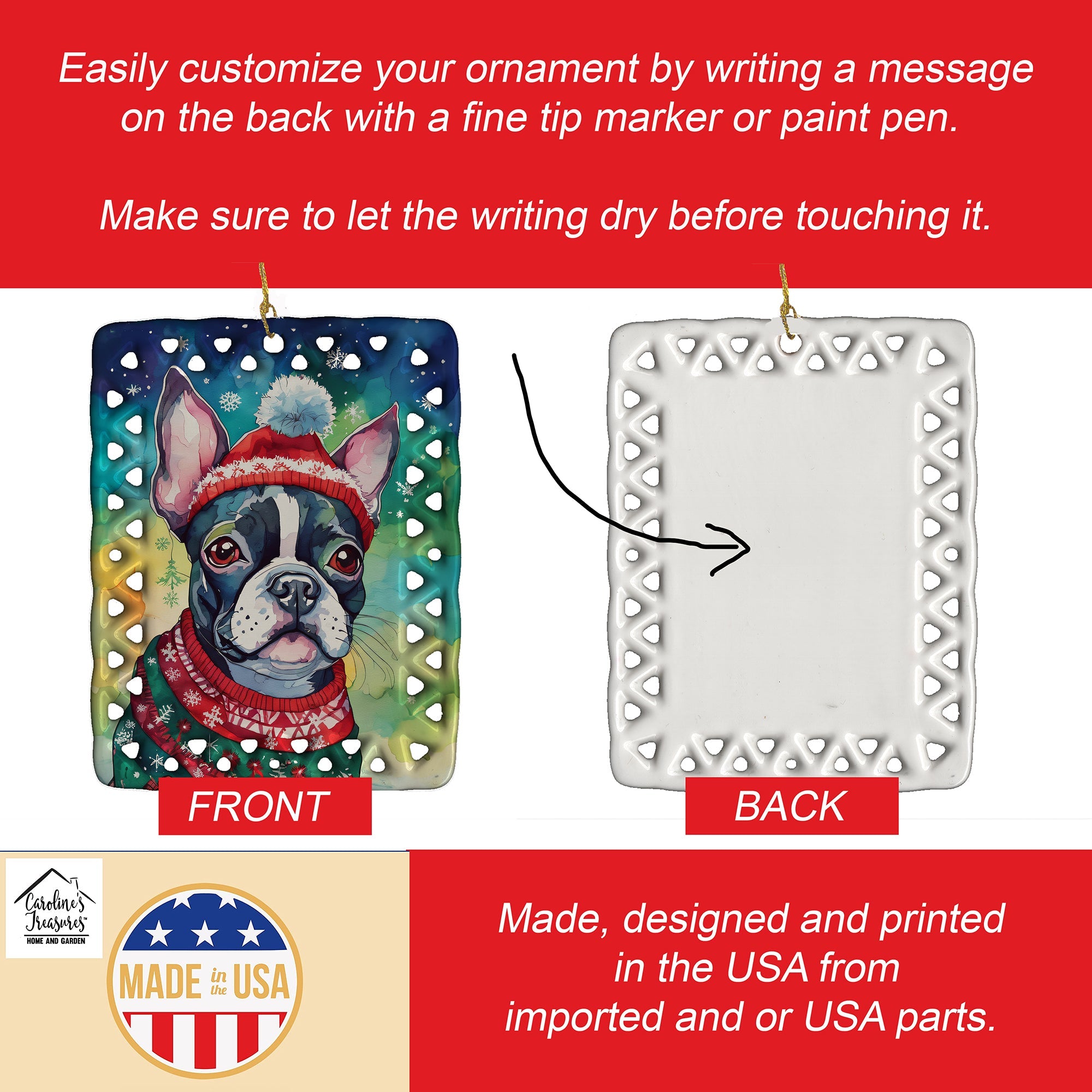 Boston Terrier Christmas Porcelain Ornament Christmas Tree Hanging Decorations for Home Christmas Holiday, Rectangle, Gift, Multicolor