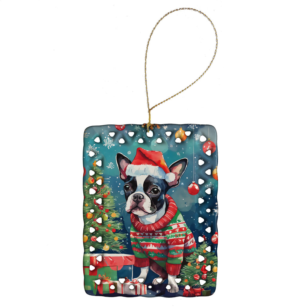 Boston Terrier Christmas Porcelain Ornament Christmas Tree Hanging Decorations for Home Christmas Holiday, Rectangle, Gift, Multicolor