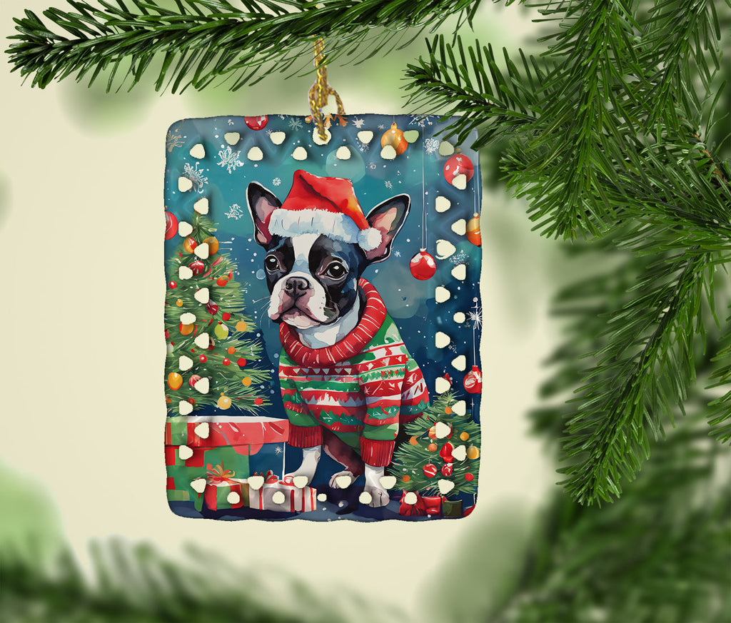 Boston Terrier Christmas Porcelain Ornament Christmas Tree Hanging Decorations for Home Christmas Holiday, Rectangle, Gift, Multicolor