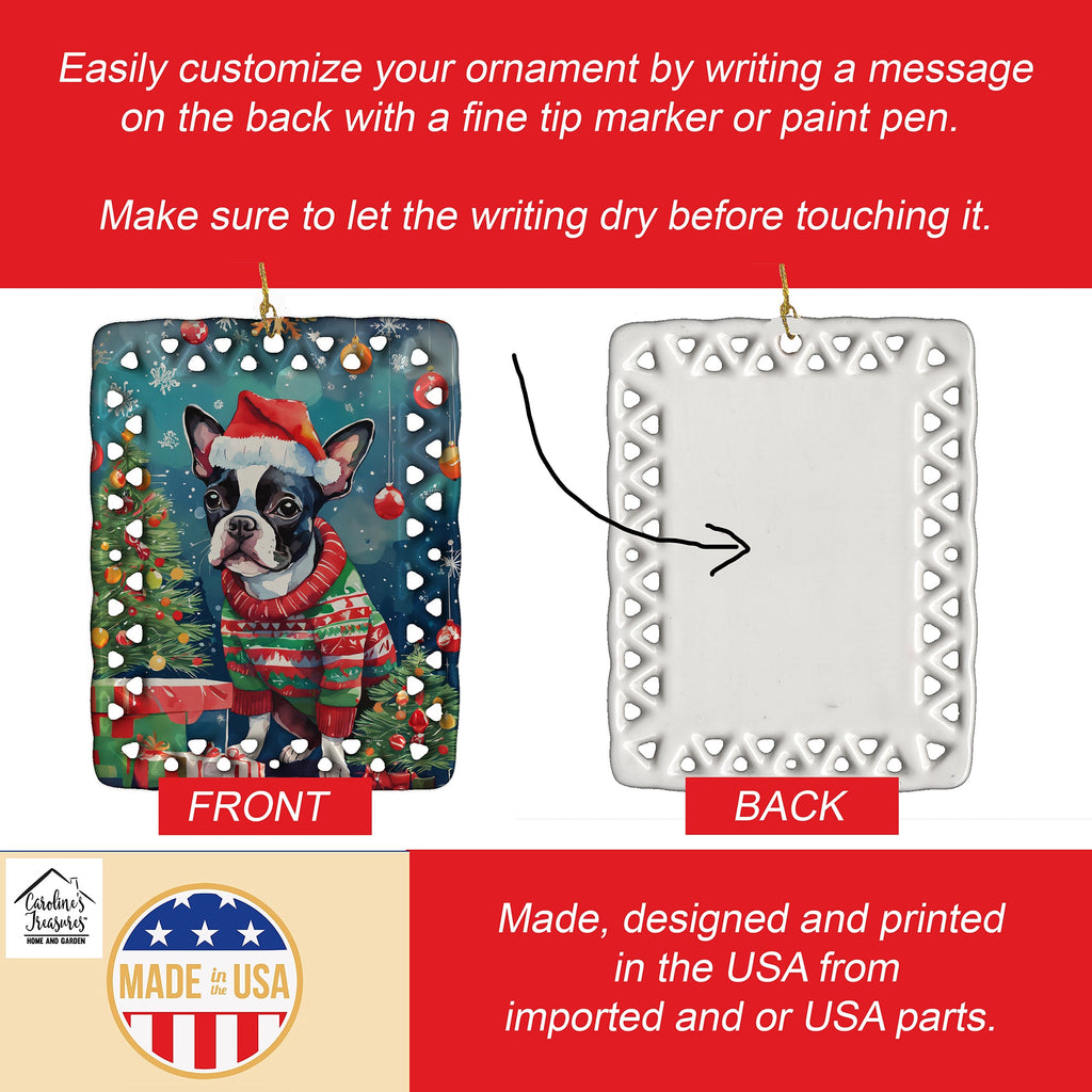Boston Terrier Christmas Porcelain Ornament Christmas Tree Hanging Decorations for Home Christmas Holiday, Rectangle, Gift, Multicolor