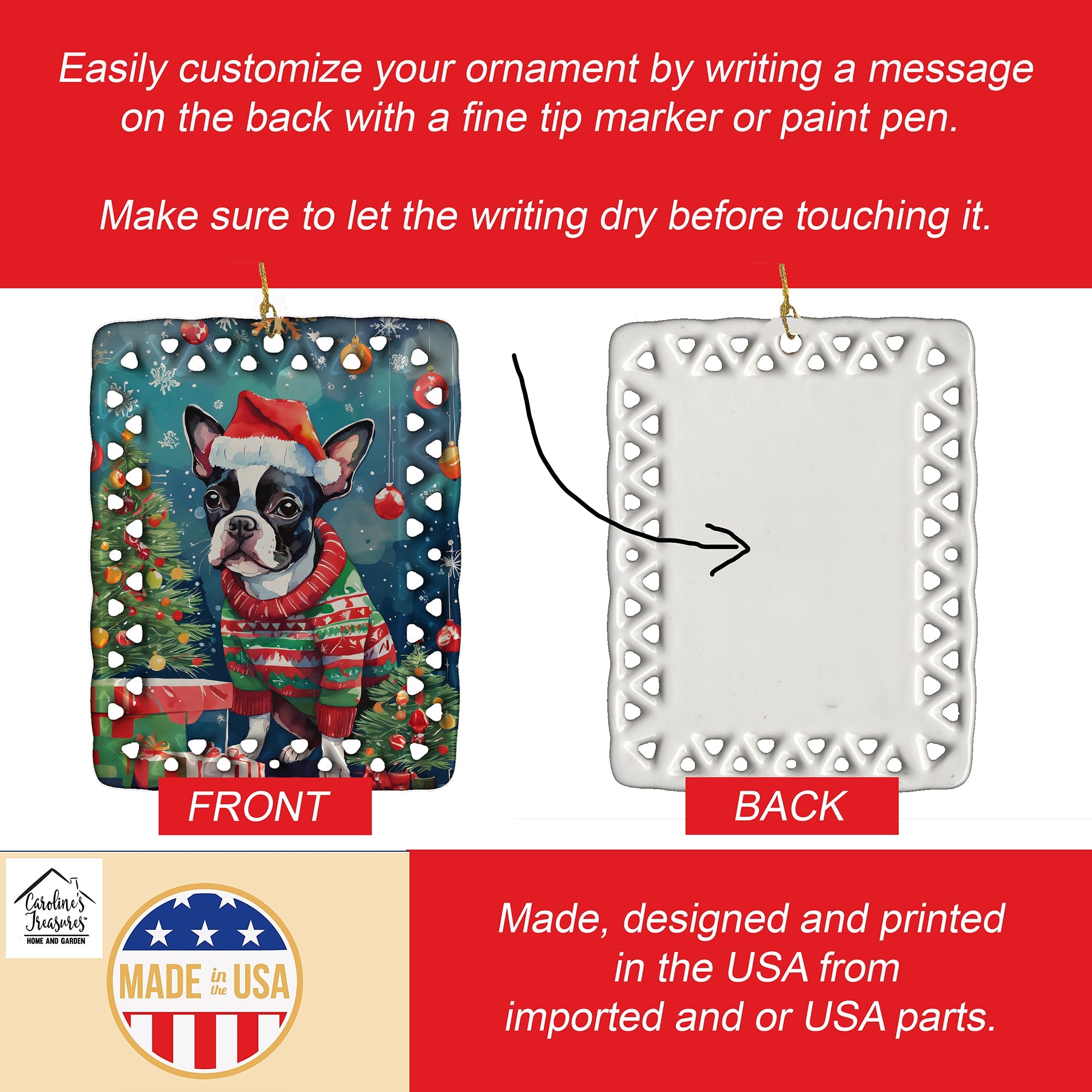 Boston Terrier Christmas Porcelain Ornament Christmas Tree Hanging Decorations for Home Christmas Holiday, Rectangle, Gift, Multicolor