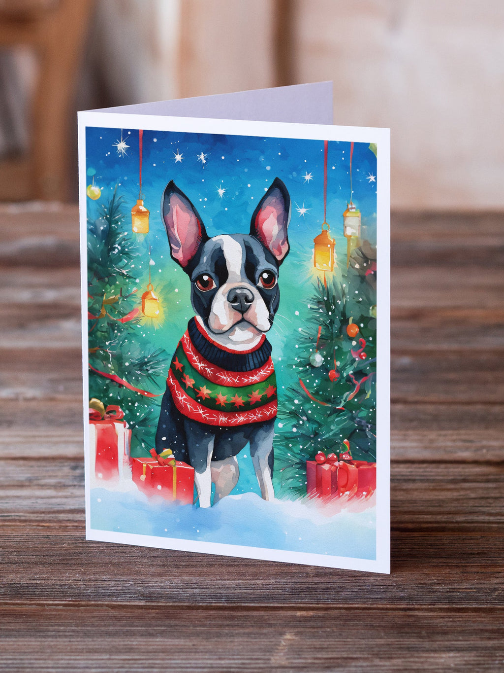 Boston Terrier Christmas Greeting Cards Pack of 8 Blank Cards with Envelopes Whimsical A7 Size 5x7