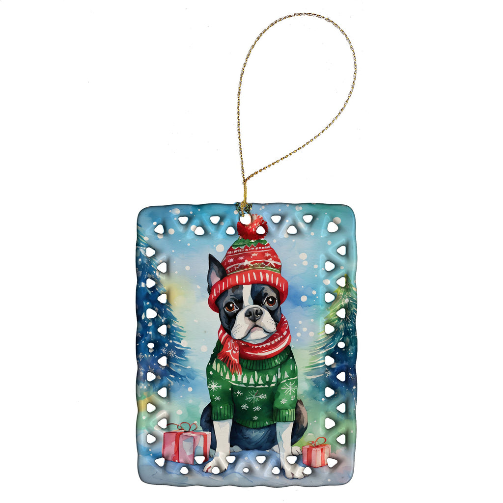 Boston Terrier Christmas Porcelain Ornament Christmas Tree Hanging Decorations for Home Christmas Holiday, Rectangle, Gift, Multicolor