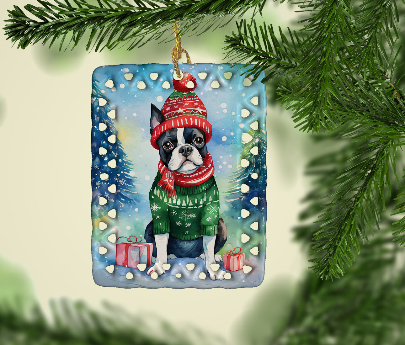 Boston Terrier Christmas Porcelain Ornament Christmas Tree Hanging Decorations for Home Christmas Holiday, Rectangle, Gift, Multicolor