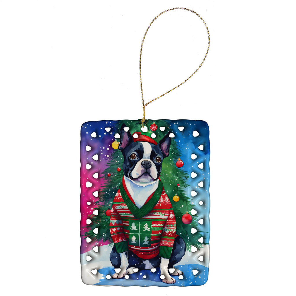 Boston Terrier Christmas Porcelain Ornament Christmas Tree Hanging Decorations for Home Christmas Holiday, Rectangle, Gift, Multicolor