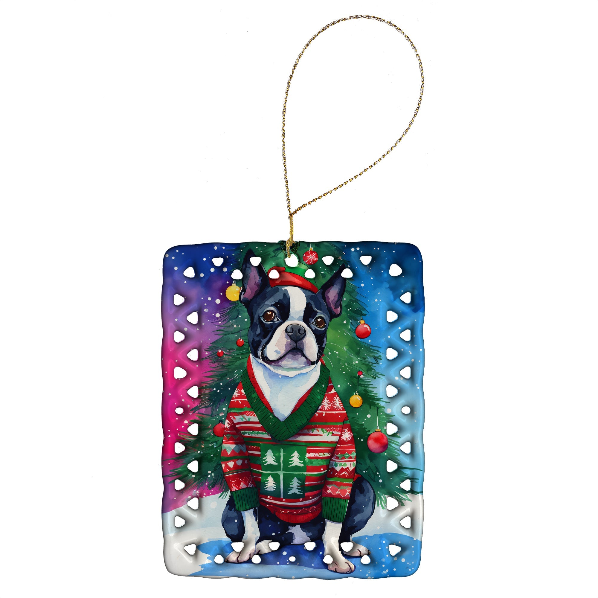 Boston Terrier Christmas Porcelain Ornament Christmas Tree Hanging Decorations for Home Christmas Holiday, Rectangle, Gift, Multicolor