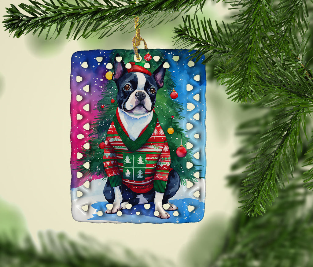 Boston Terrier Christmas Porcelain Ornament Christmas Tree Hanging Decorations for Home Christmas Holiday, Rectangle, Gift, Multicolor