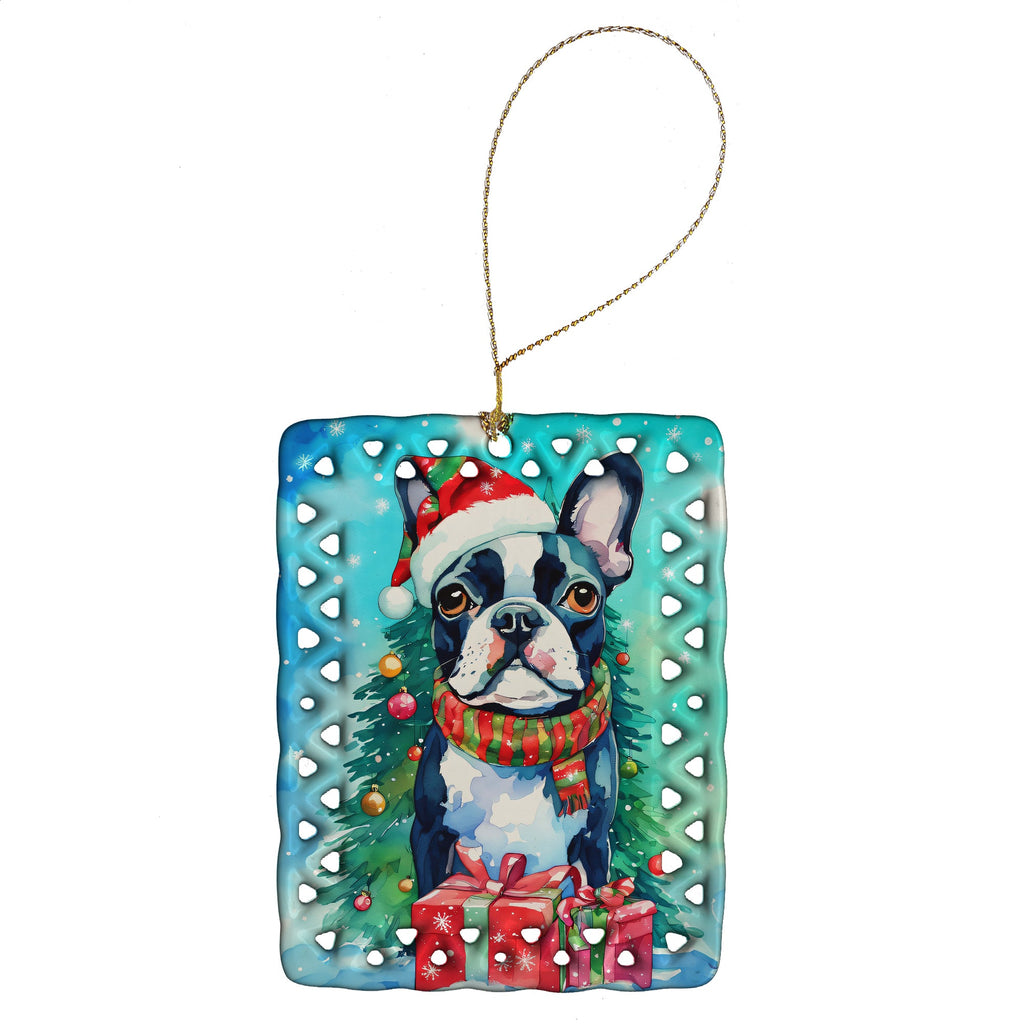 Boston Terrier Christmas Porcelain Ornament Christmas Tree Hanging Decorations for Home Christmas Holiday, Rectangle, Gift, Multicolor