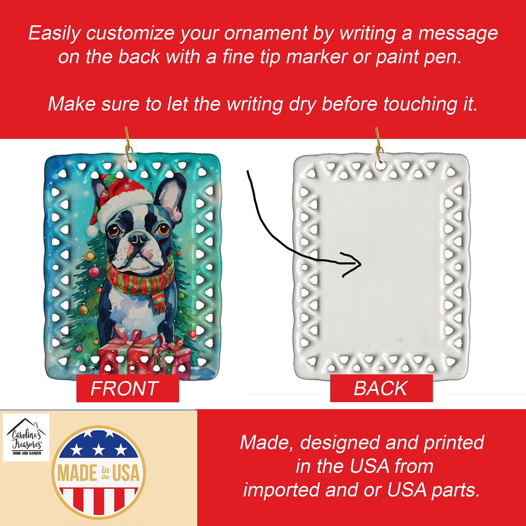 Boston Terrier Christmas Porcelain Ornament Christmas Tree Hanging Decorations for Home Christmas Holiday, Rectangle, Gift, Multicolor