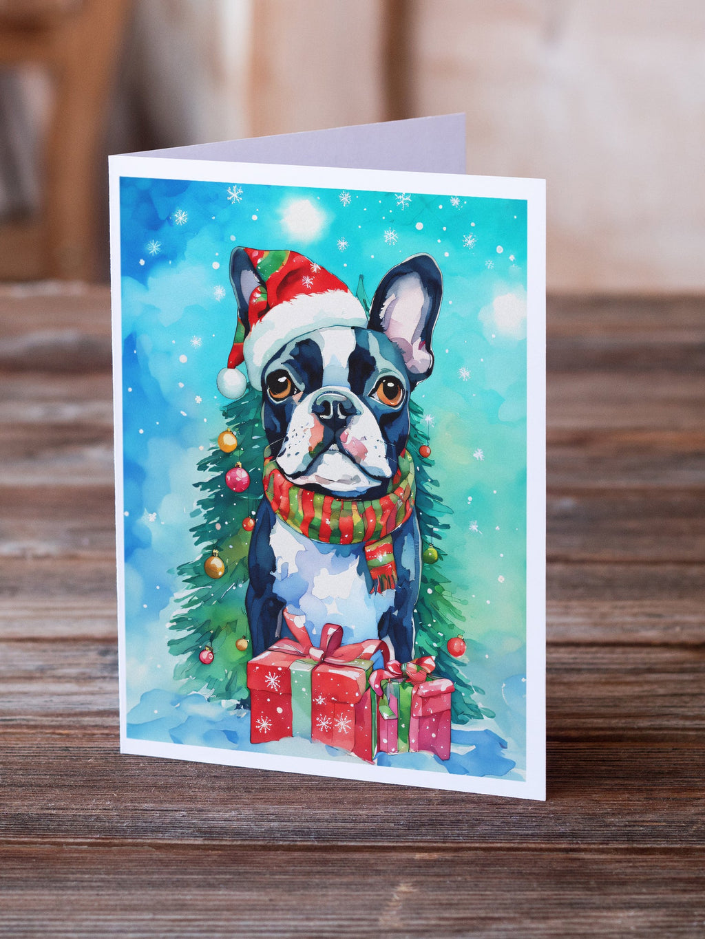 Boston Terrier Christmas Greeting Cards Pack of 8 Blank Cards with Envelopes Whimsical A7 Size 5x7