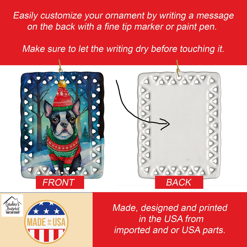 Boston Terrier Christmas Porcelain Ornament Christmas Tree Hanging Decorations for Home Christmas Holiday, Rectangle, Gift, Multicolor