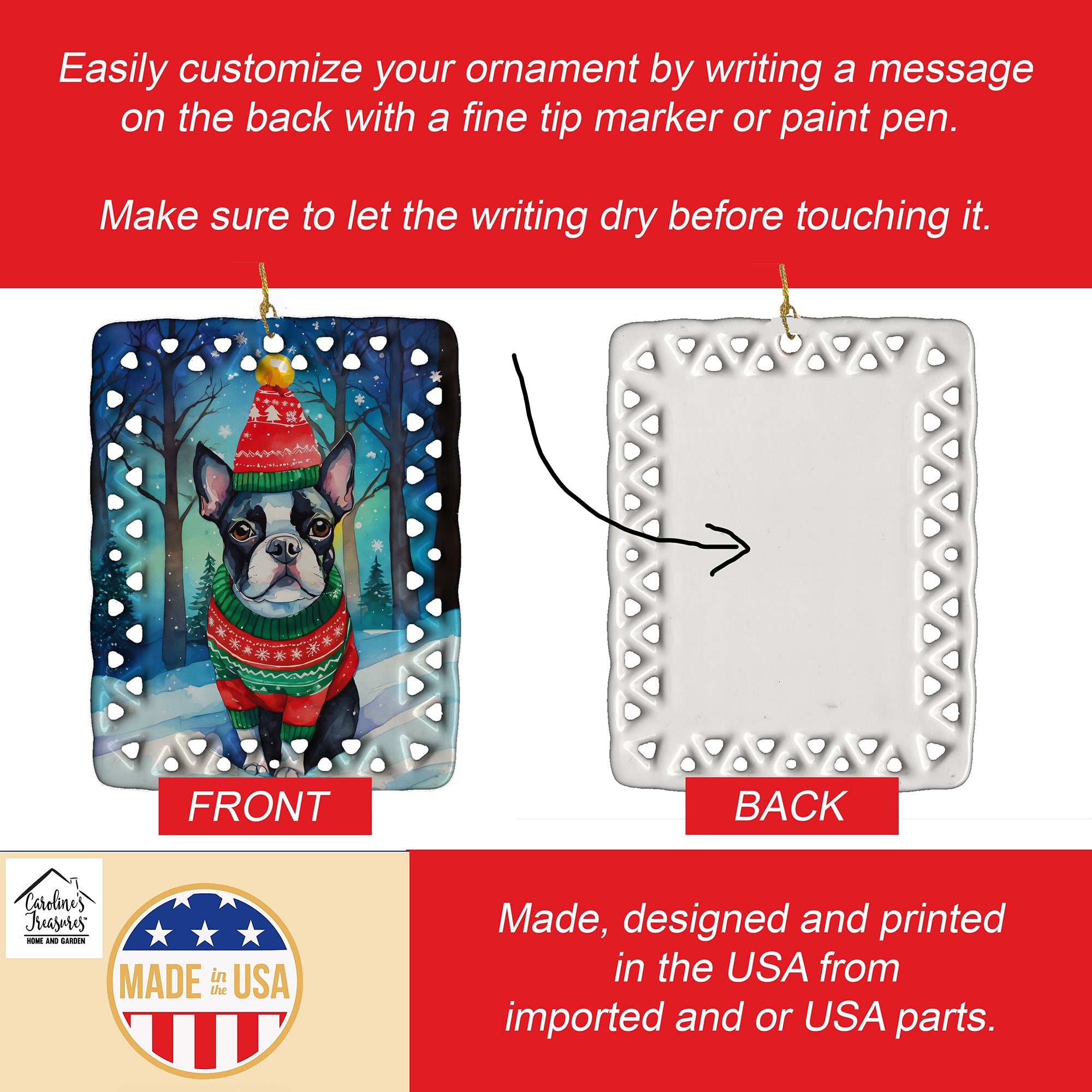 Boston Terrier Christmas Porcelain Ornament Christmas Tree Hanging Decorations for Home Christmas Holiday, Rectangle, Gift, Multicolor