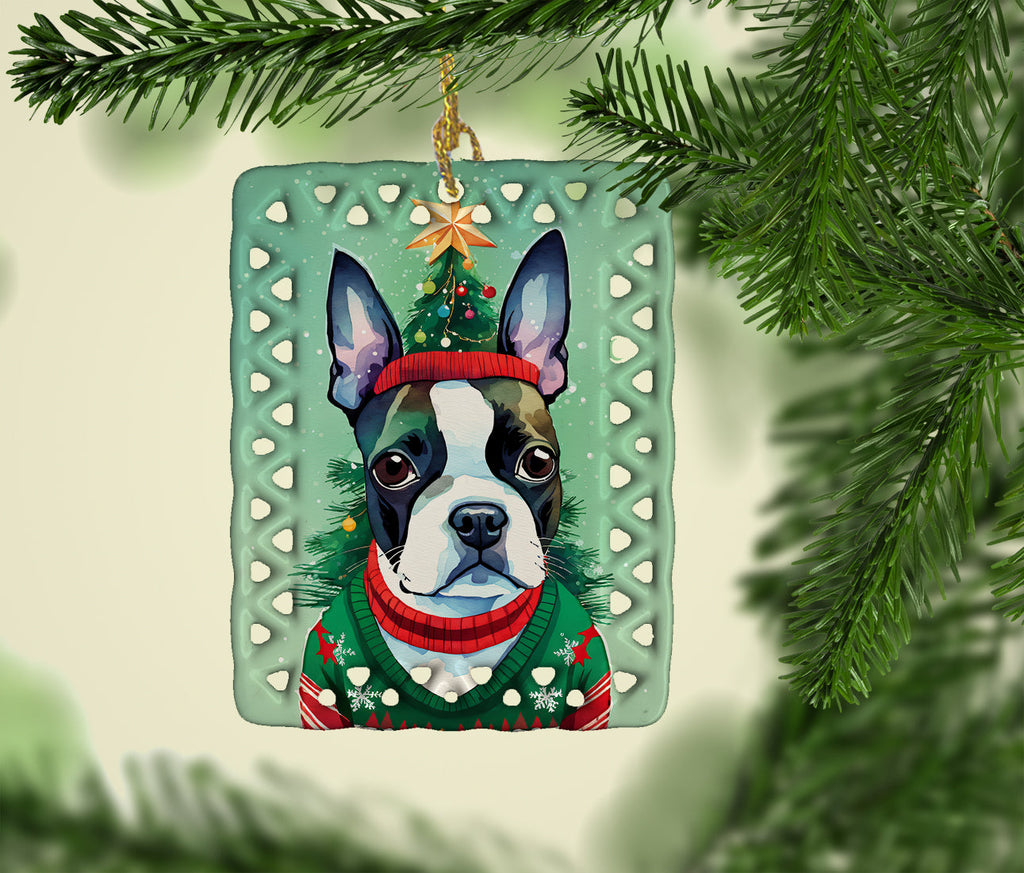 Boston Terrier Christmas Porcelain Ornament Christmas Tree Hanging Decorations for Home Christmas Holiday, Rectangle, Gift, Multicolor