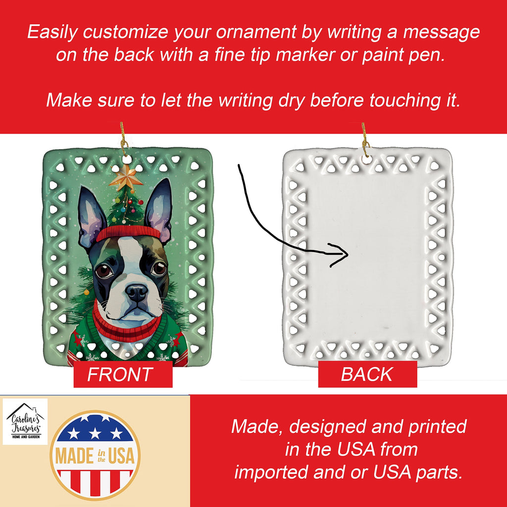 Boston Terrier Christmas Porcelain Ornament Christmas Tree Hanging Decorations for Home Christmas Holiday, Rectangle, Gift, Multicolor