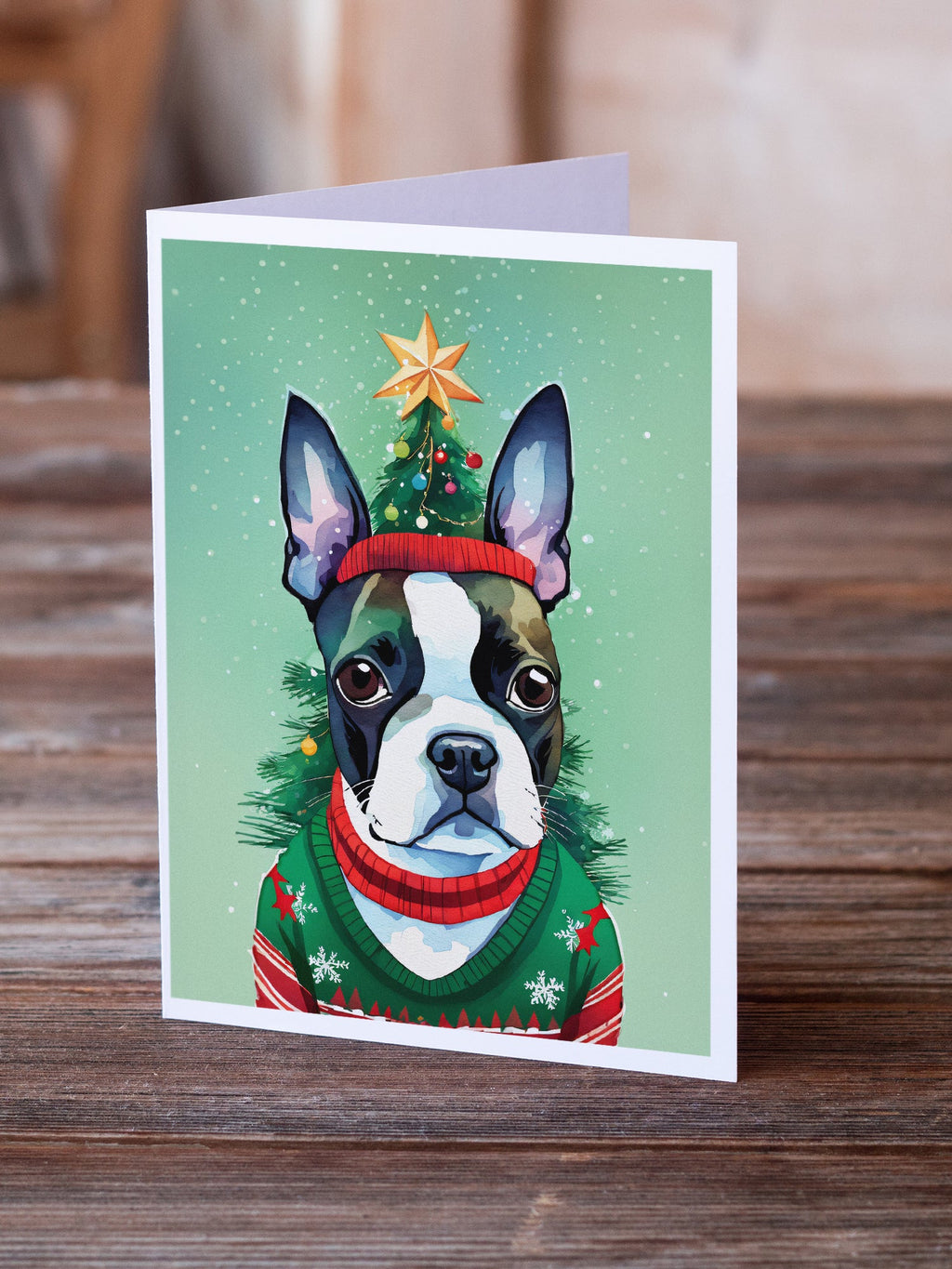 Boston Terrier Christmas Greeting Cards Pack of 8 Blank Cards with Envelopes Whimsical A7 Size 5x7