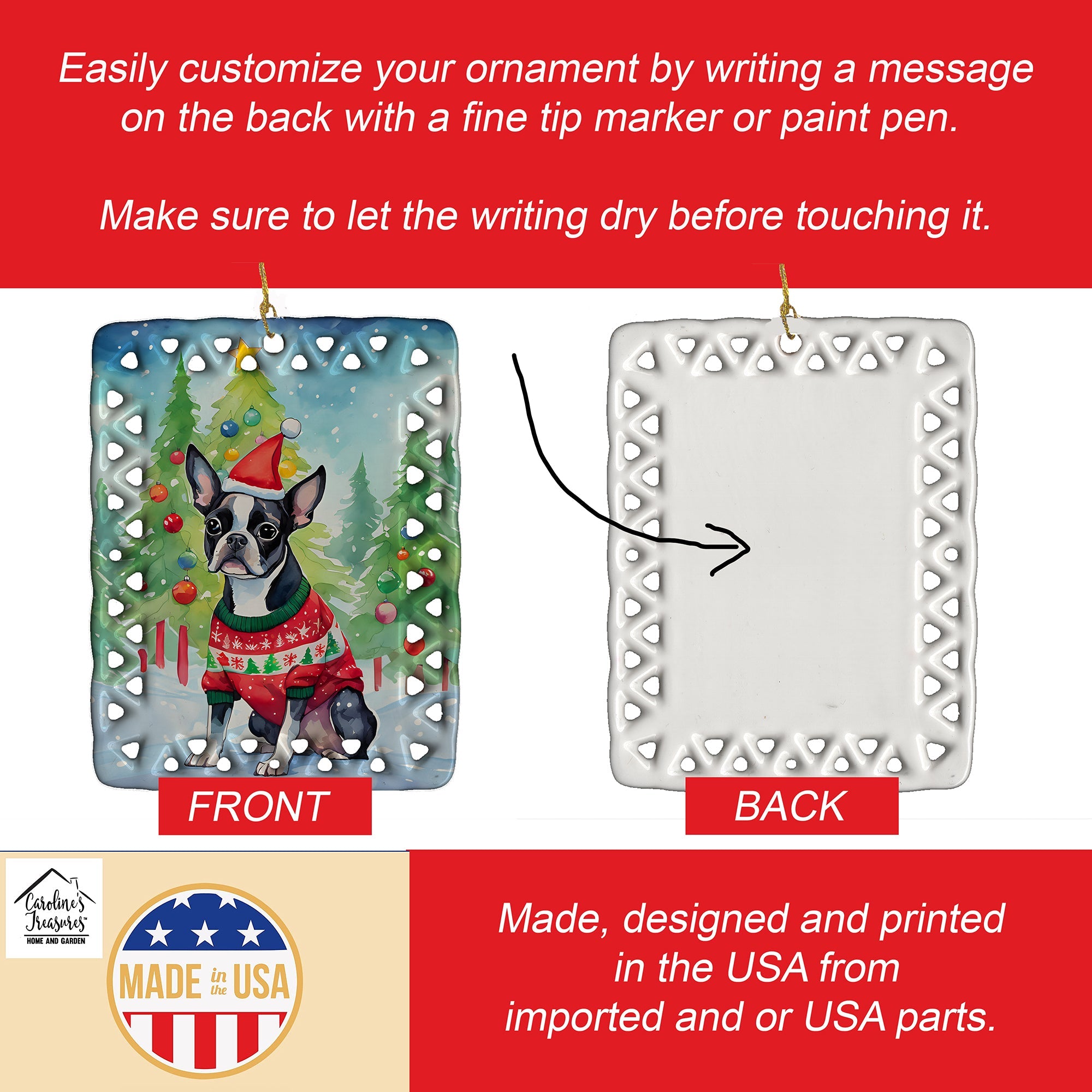 Boston Terrier Christmas Porcelain Ornament Christmas Tree Hanging Decorations for Home Christmas Holiday, Rectangle, Gift, Multicolor