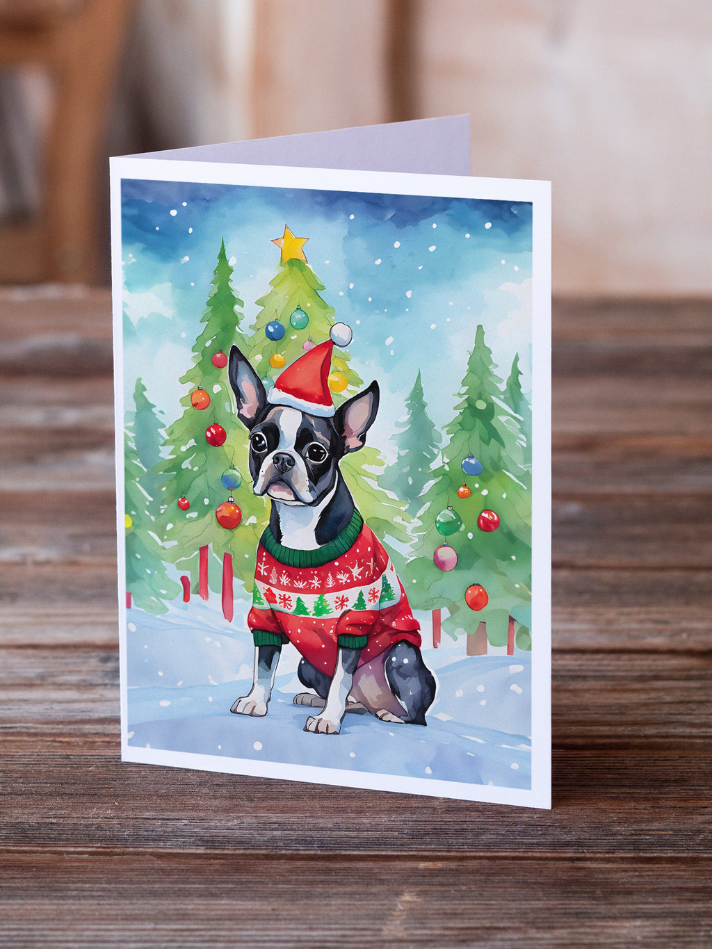 Boston Terrier Christmas Greeting Cards Pack of 8 Blank Cards with Envelopes Whimsical A7 Size 5x7