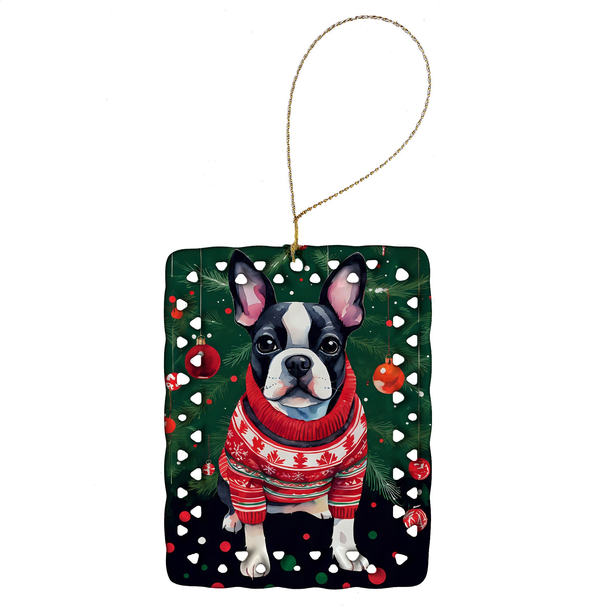 Boston Terrier Christmas Porcelain Ornament Christmas Tree Hanging Decorations for Home Christmas Holiday, Rectangle, Gift, Multicolor