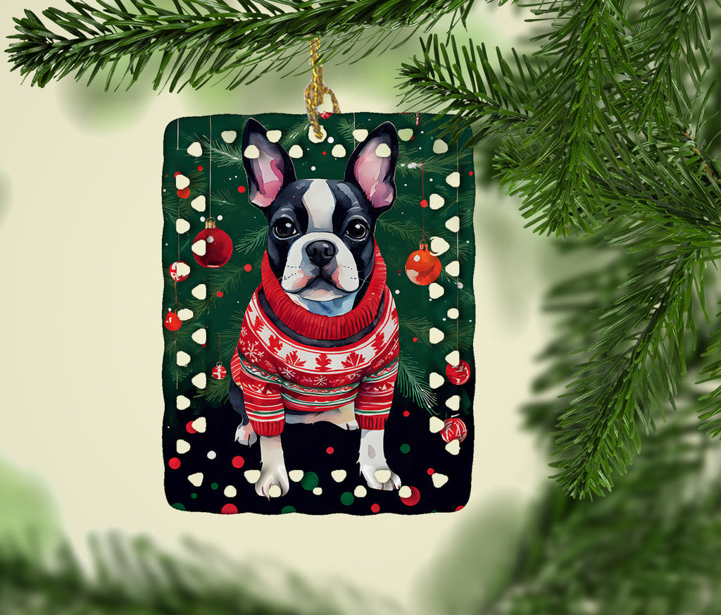 Boston Terrier Christmas Porcelain Ornament Christmas Tree Hanging Decorations for Home Christmas Holiday, Rectangle, Gift, Multicolor