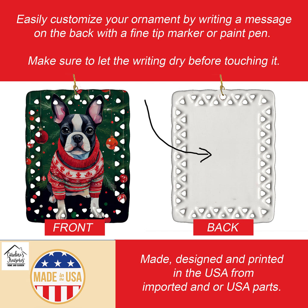 Boston Terrier Christmas Porcelain Ornament Christmas Tree Hanging Decorations for Home Christmas Holiday, Rectangle, Gift, Multicolor
