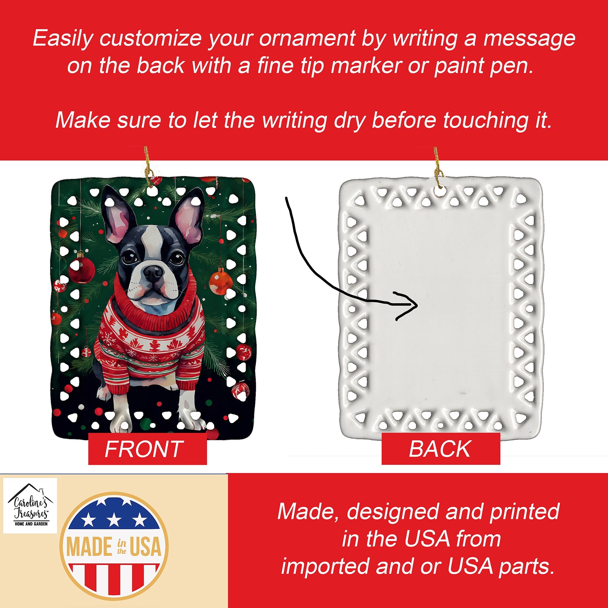 Boston Terrier Christmas Porcelain Ornament Christmas Tree Hanging Decorations for Home Christmas Holiday, Rectangle, Gift, Multicolor