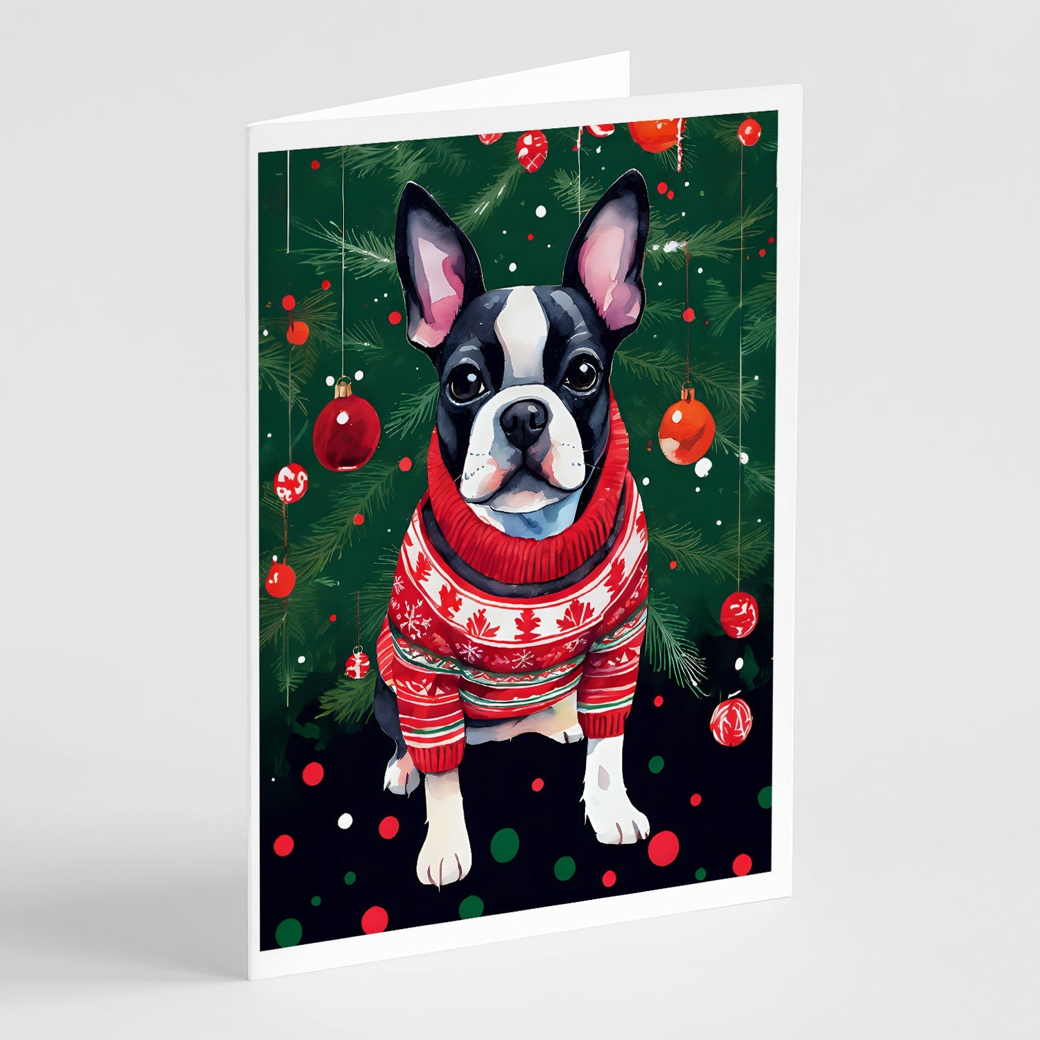 Boston Terrier Christmas Greeting Cards Pack of 8 Blank Cards with Envelopes Whimsical A7 Size 5x7