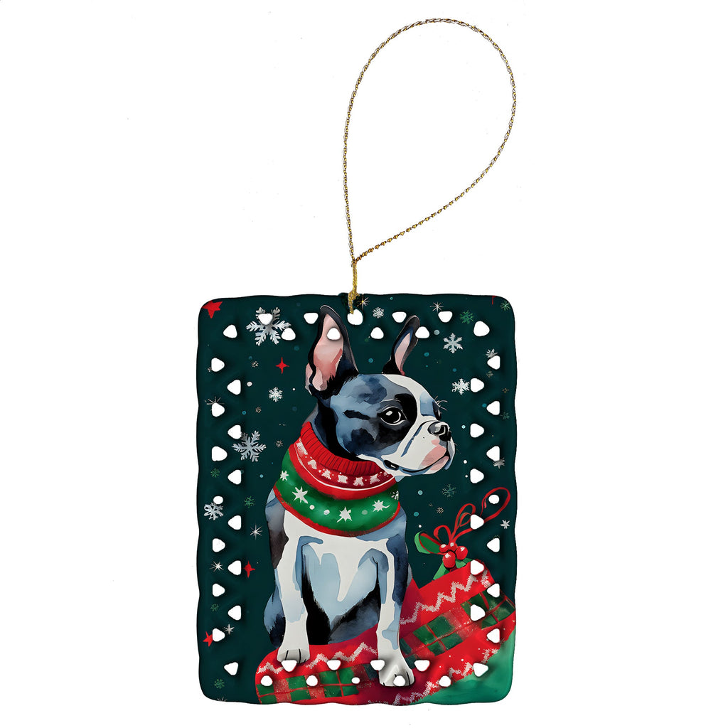 Boston Terrier Christmas Porcelain Ornament Christmas Tree Hanging Decorations for Home Christmas Holiday, Rectangle, Gift, Multicolor