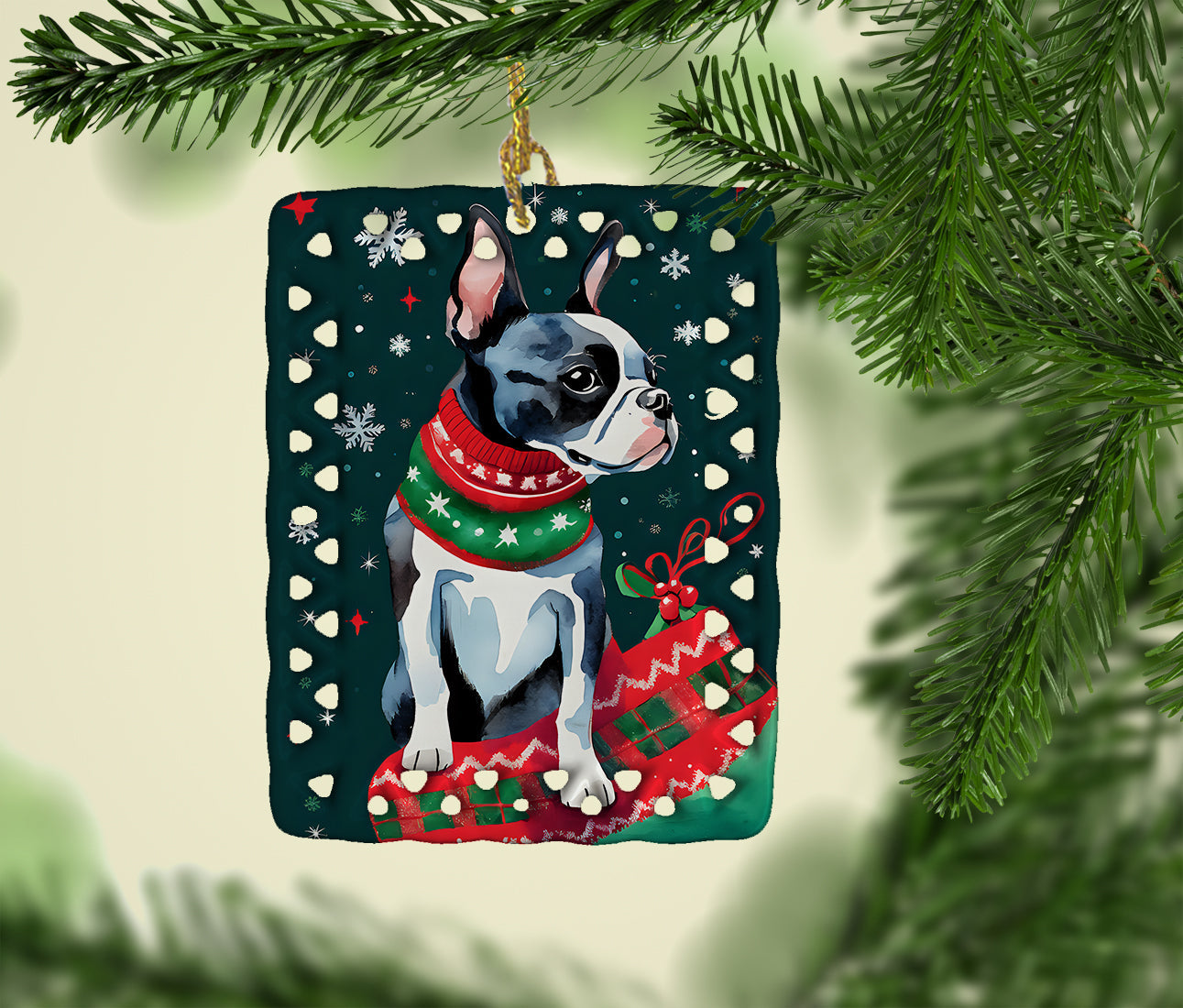 Boston Terrier Christmas Porcelain Ornament Christmas Tree Hanging Decorations for Home Christmas Holiday, Rectangle, Gift, Multicolor