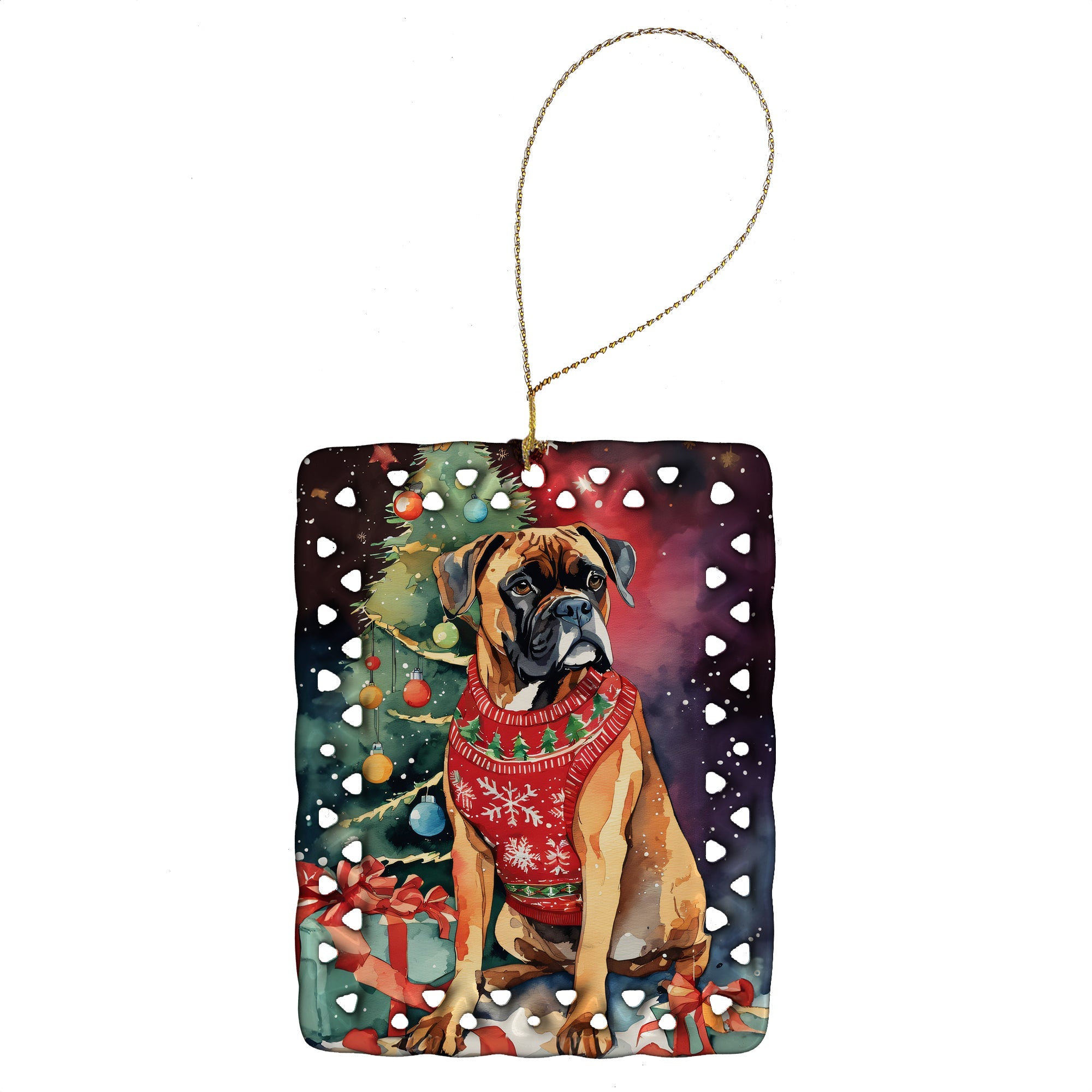 Boxer Christmas Porcelain Ornament Christmas Tree Hanging Decorations for Home Christmas Holiday, Rectangle, Gift, Multicolor