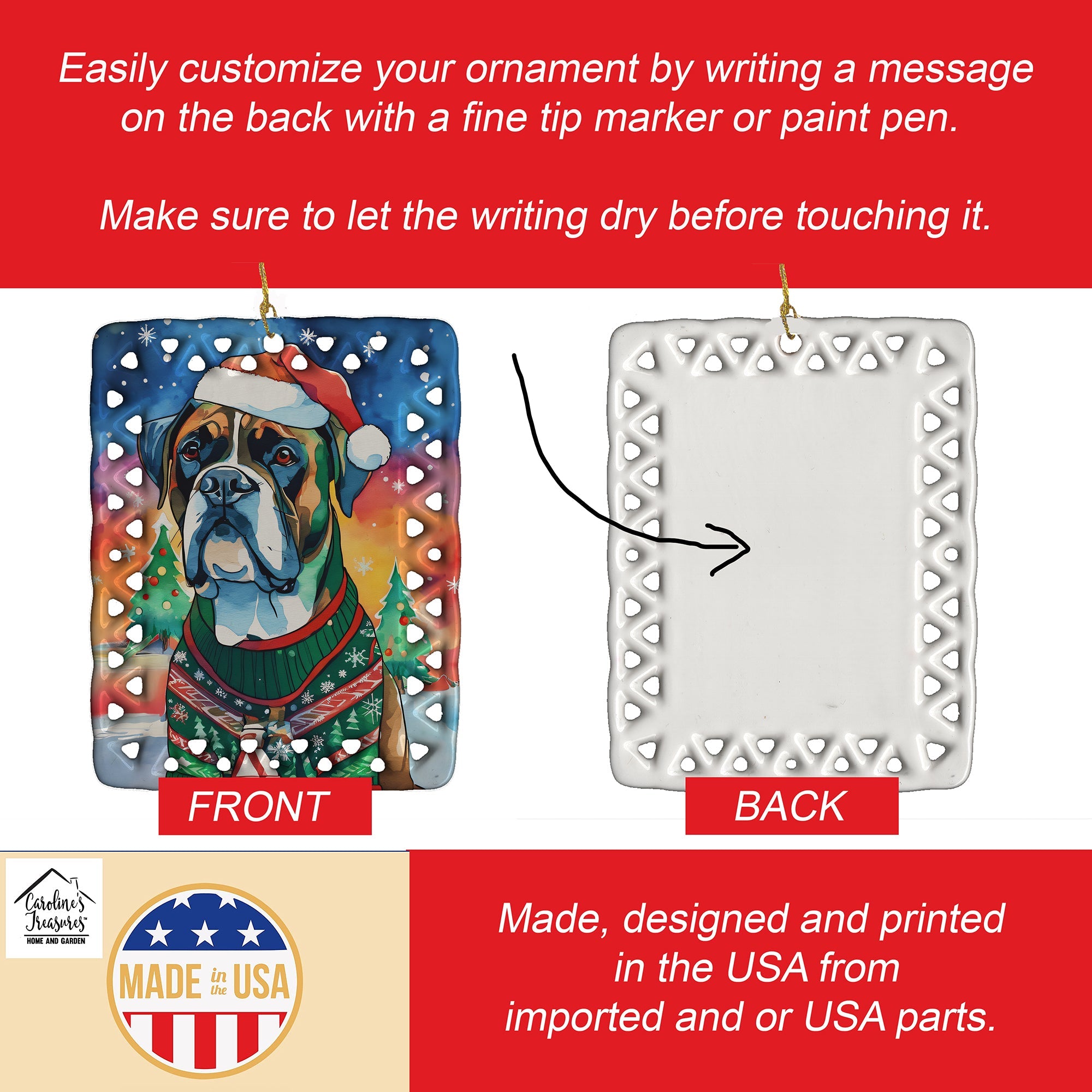 Boxer Christmas Porcelain Ornament Christmas Tree Hanging Decorations for Home Christmas Holiday, Rectangle, Gift, Multicolor