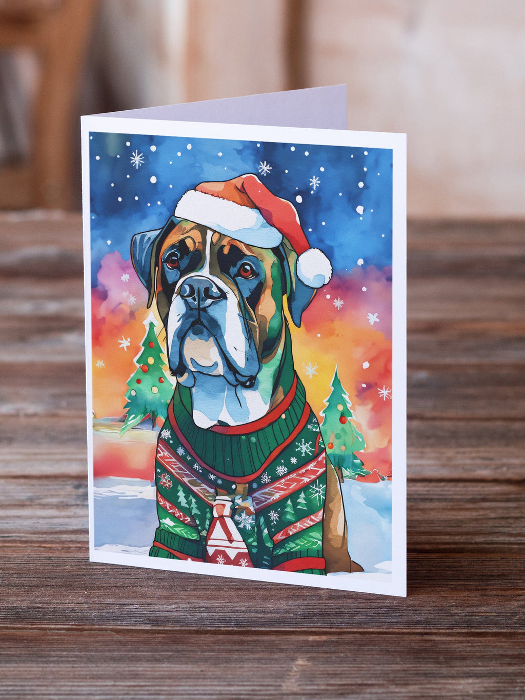 Boxer Christmas Greeting Cards Pack of 8 Blank Cards with Envelopes Whimsical A7 Size 5x7