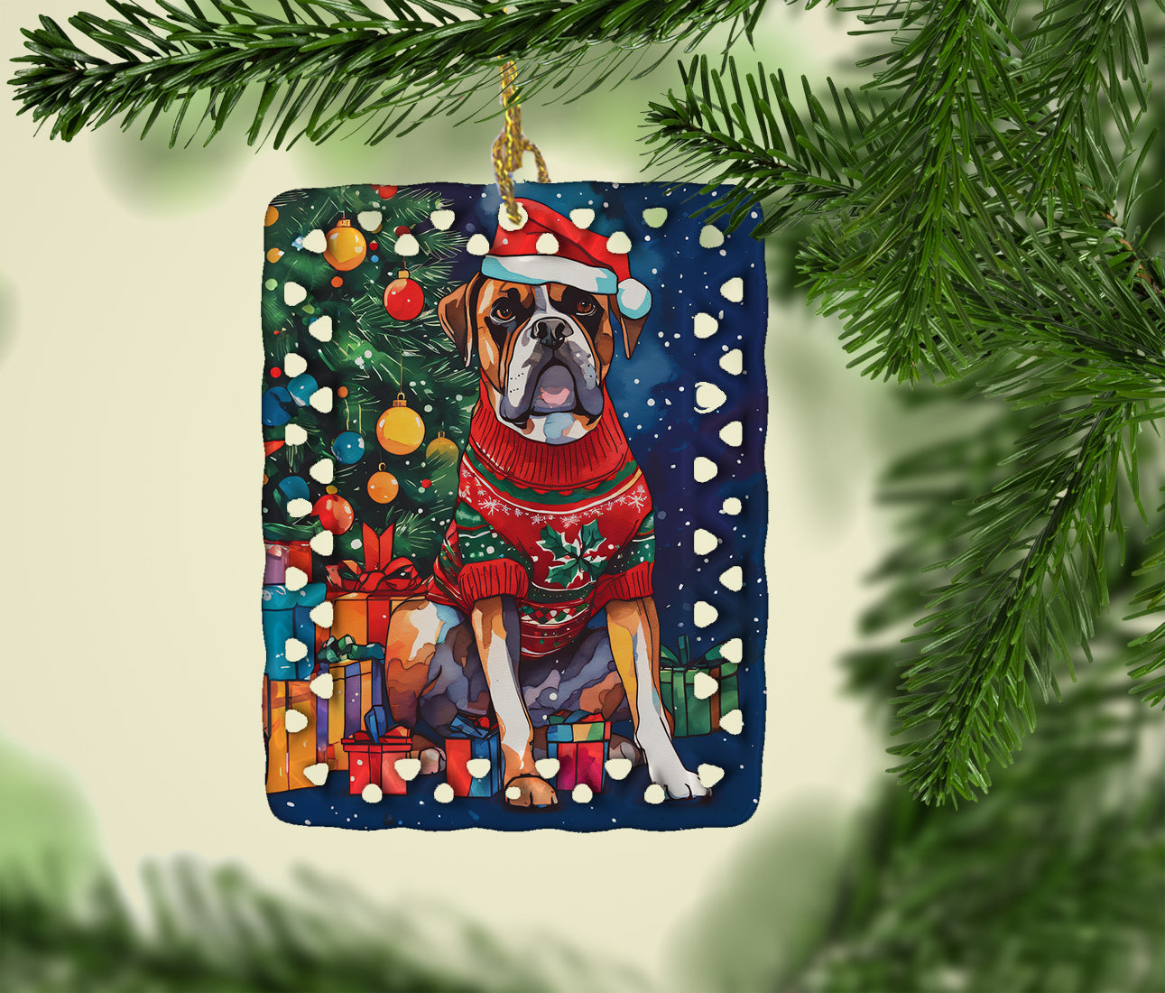 Boxer Christmas Porcelain Ornament Christmas Tree Hanging Decorations for Home Christmas Holiday, Rectangle, Gift, Multicolor