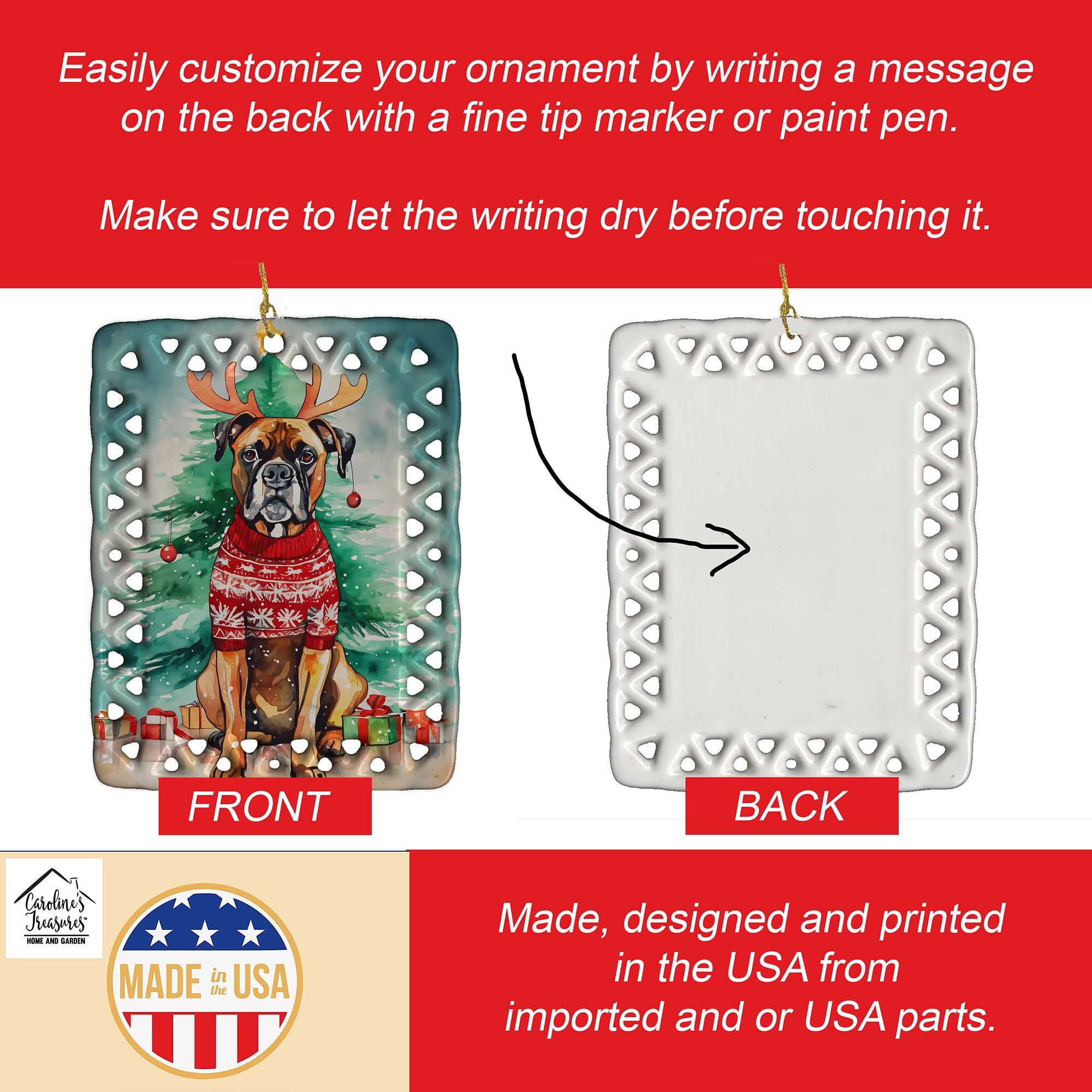 Boxer Christmas Porcelain Ornament Christmas Tree Hanging Decorations for Home Christmas Holiday, Rectangle, Gift, Multicolor