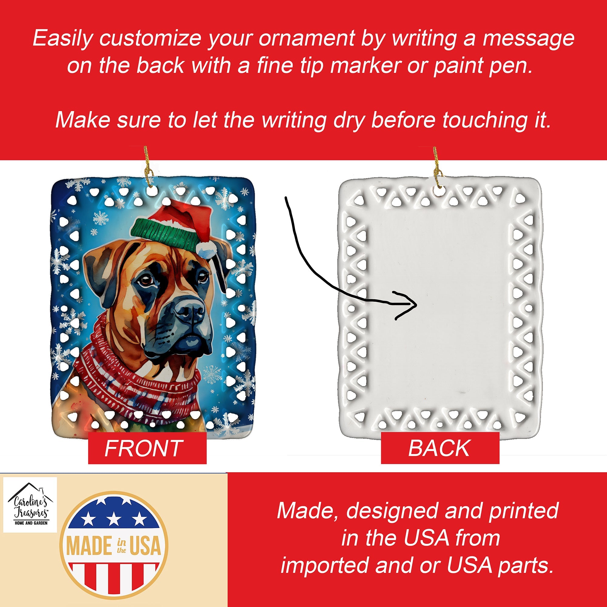 Boxer Christmas Porcelain Ornament Christmas Tree Hanging Decorations for Home Christmas Holiday, Rectangle, Gift, Multicolor