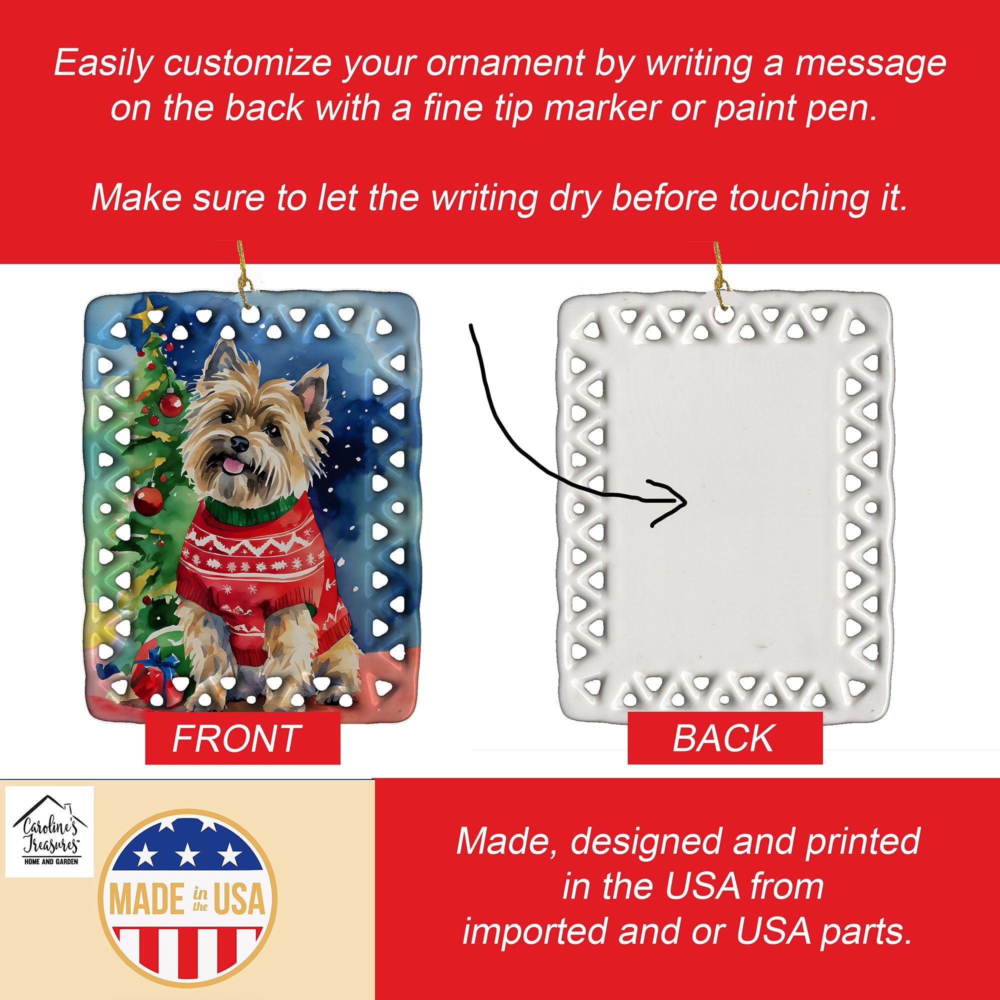 Cairn Terrier Christmas Porcelain Ornament Christmas Tree Hanging Decorations for Home Christmas Holiday, Rectangle, Gift, Multicolor