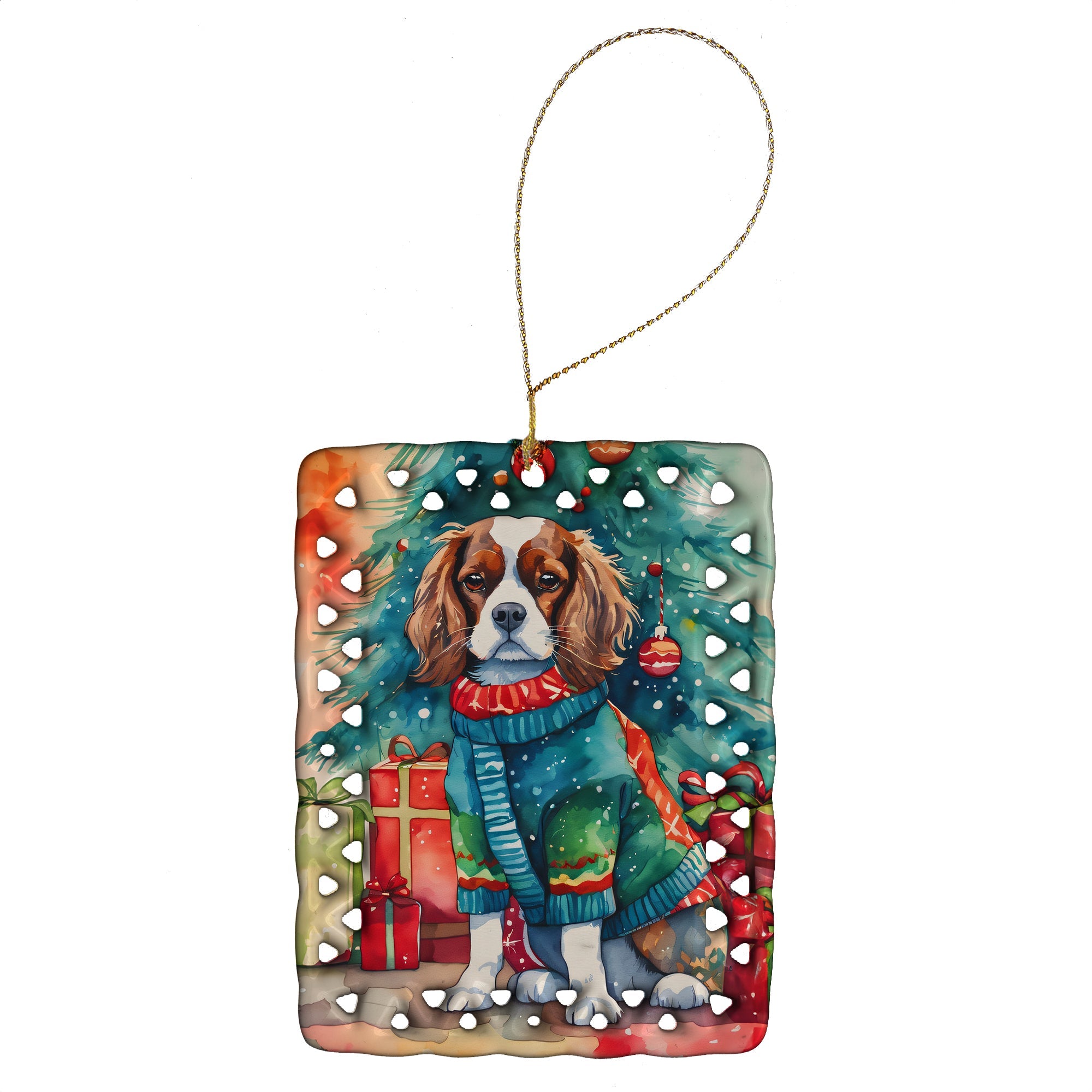 Cavalier Spaniel Christmas Porcelain Ornament Christmas Tree Hanging Decorations for Home Christmas Holiday, Rectangle, Gift, Multicolor