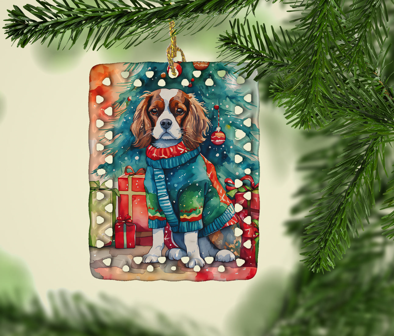 Cavalier Spaniel Christmas Porcelain Ornament Christmas Tree Hanging Decorations for Home Christmas Holiday, Rectangle, Gift, Multicolor